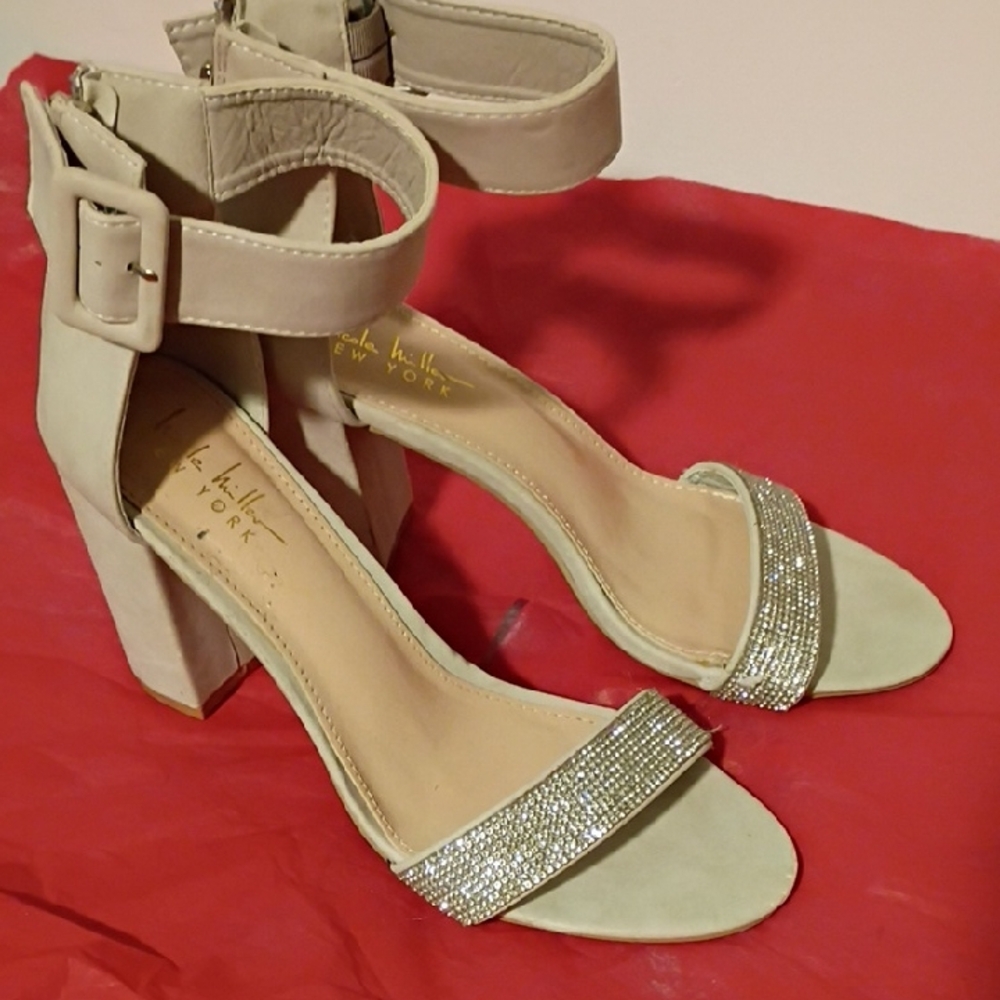 Nicole Miller Beige and Silver Ankle Strap Heels